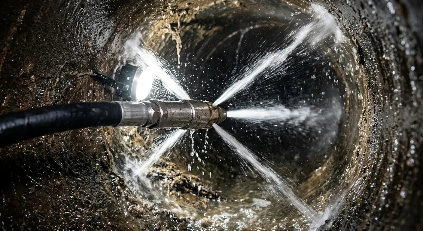 High-pressure hydro jetting nozzle cleaning sewer pipe for Emergency Drain Service in Fort Edward
