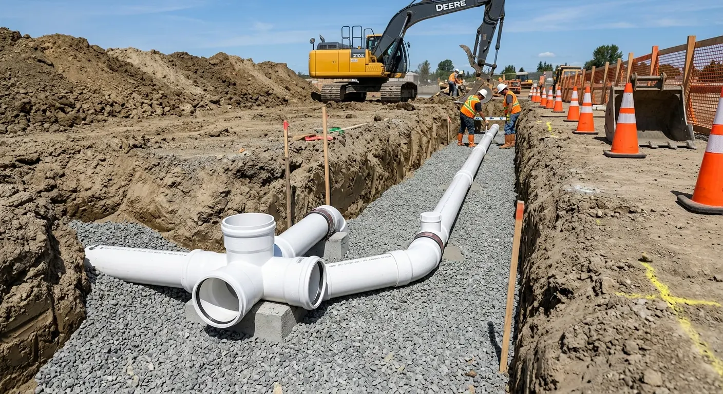 New PVC sewer pipe installation in open trench for Grease Trap Cleaning in Fort Edward